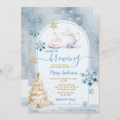 青いベビーが醸造お茶パーティー冬の赤ちゃんシャワー 招待状 (正面/裏面)