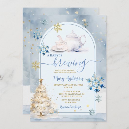 青いベビーが醸造お茶パーティー冬の赤ちゃんシャワー 招待状 (正面/裏面)