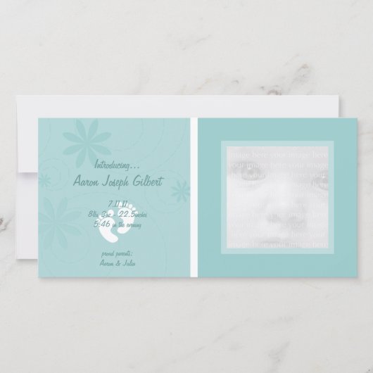 青いベビーの発表写真カード 案内状 (正面)