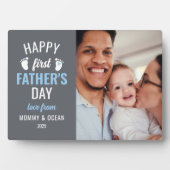 青いベビーの足跡ハッピー第1父の日の写真 フォトプラーク (正面)