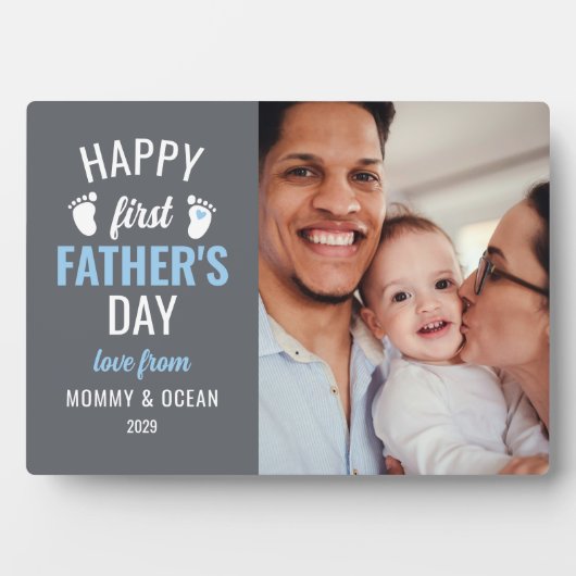 青いベビーの足跡ハッピー第1父の日の写真 フォトプラーク (正面)