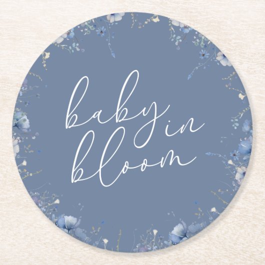 青いベビーの開花ワイルドフラワーベビーシャワー ラウンドペーパーコースター (正面)