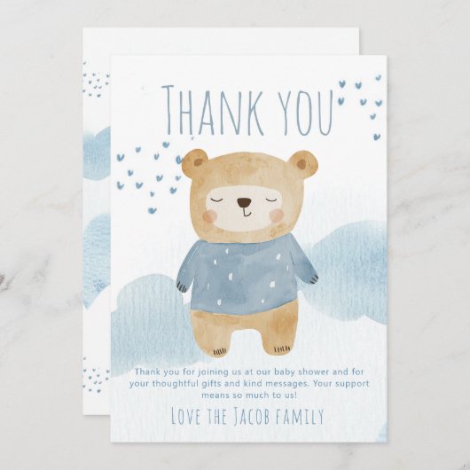 青いベビークマとハートと雲 サンキューカード (正面/裏面)