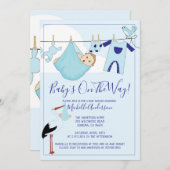 青いベビーバンドルオンクロースレインベビーシャワー 招待状 (正面/裏面)