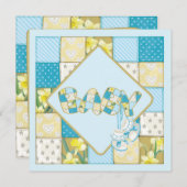 青いベビーブーティとパッチワークキルト赤ちゃんシャワー 招待状 (正面/裏面)