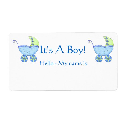 青いベビー乳母車男の子のシャワー名タグ ラベル (正面)