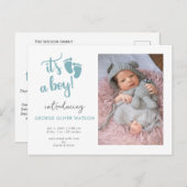 青いベビー足その男の子の写真の誕生の発表 案内ポストカード (正面/裏面)