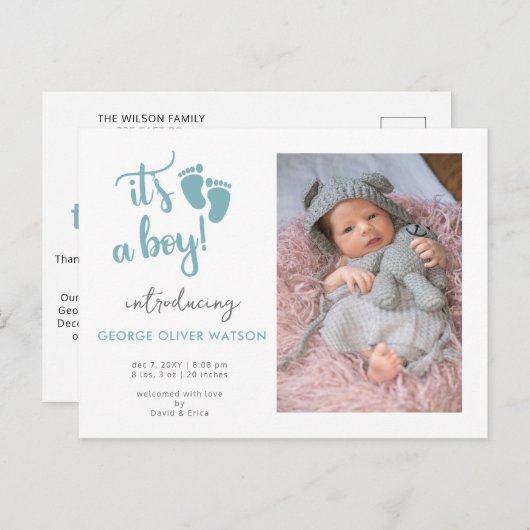 青いベビー足その男の子の写真の誕生の発表 案内ポストカード (正面/裏面)