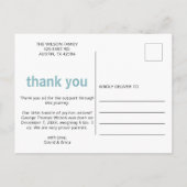 青いベビー足その男の子の写真の誕生の発表 案内ポストカード (裏面)