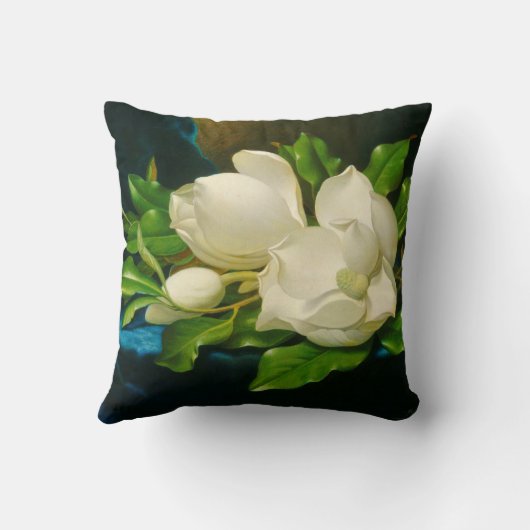 青いベルベットの布の上の巨大なマグノリア（ヒード） クッション (裏面)