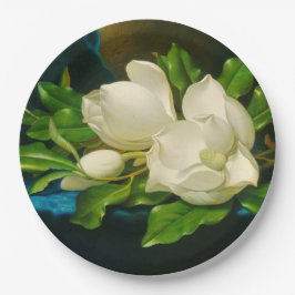 青いベルベットの布の上の巨大なマグノリア（ヒード） ペーパープレート