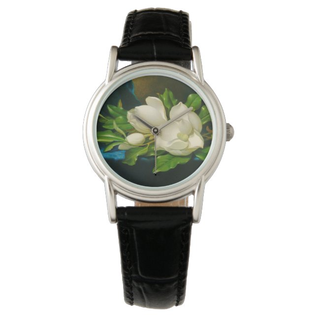 青いベルベットの布の上の巨大なマグノリア（ヒード） 腕時計 (正面)