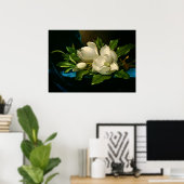 青いベルベットの布の上の巨大なマグノリア ポスター (ホームオフィス)