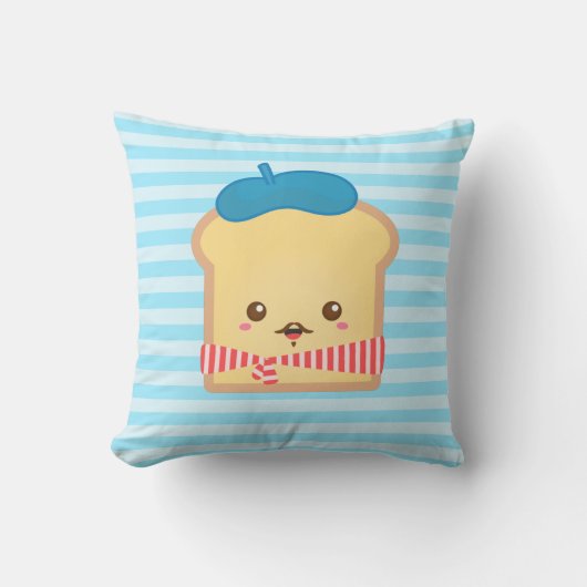 青いベレー帽の帽子が付いているかわいいフレンチトースト クッション (正面)