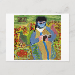 青いベールの女読性とハガキ ポストカード