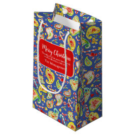 青いペイズリーの水彩クリスマス ホリデービジネス スモールペーパーバッグ
