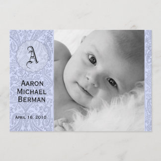 青いペイズリーの男の赤ちゃんの発表 案内状