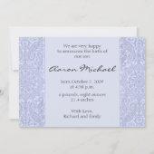 青いペイズリーの男の赤ちゃんの発表 案内状 (裏面)