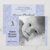 青いペイズリーの男の赤ちゃんの発表 案内状 (正面/裏面)