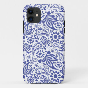 青いペイズリーの花とハートの模様(白) iPhone 11 ケース