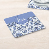 青いペイズリーパターン スクエアペーパーコースター (アングル)