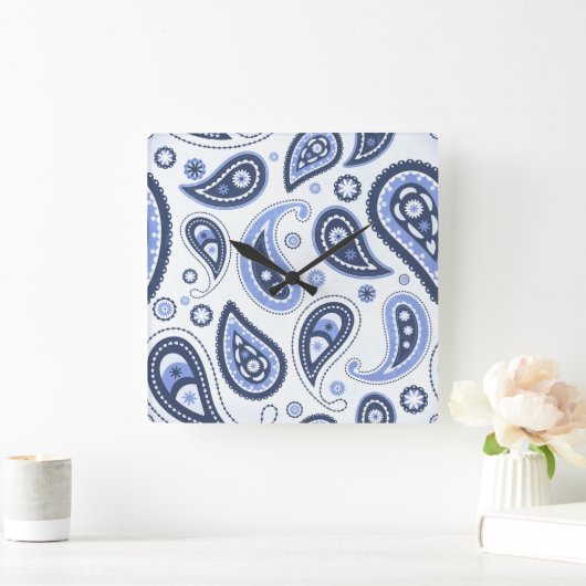 青いペイズリーパターン スクエア壁時計 (ホーム)