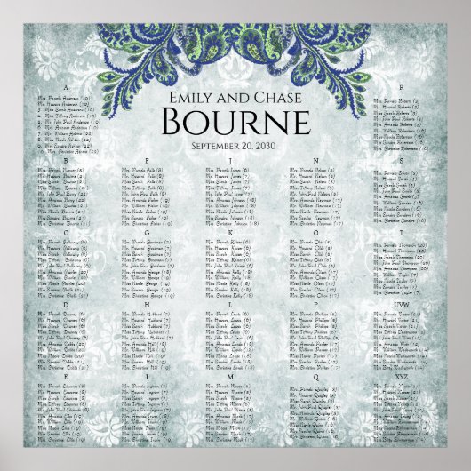 青いペイズリーピーコックカラー披露宴シーティングチャート ポスター (正面)