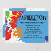 青いペイントボールの(ばちゃばちゃ)跳ねるのペイントボールの誕生会 招待状 (正面/裏面)