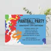 青いペイントボールの(ばちゃばちゃ)跳ねるのペイントボールの誕生会 招待状 (スタンド正面)