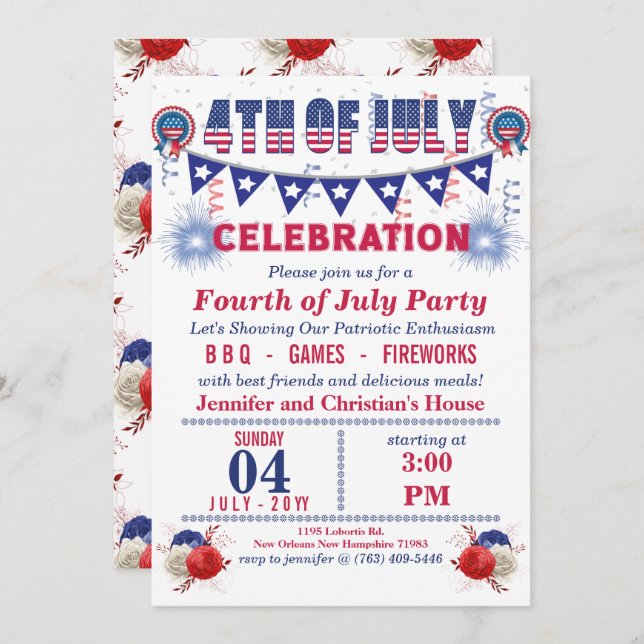 青いペナントのストリングフラッグ 7月4日パーティー (正面/裏面)