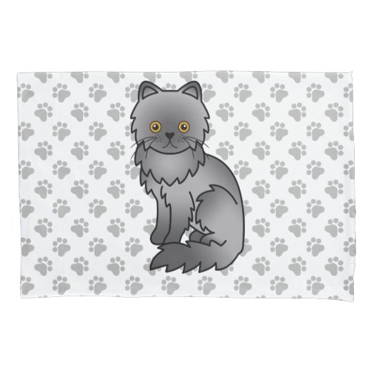 青いペルシャ猫のかわいいキャラクターと肉球 枕カバー (正面)
