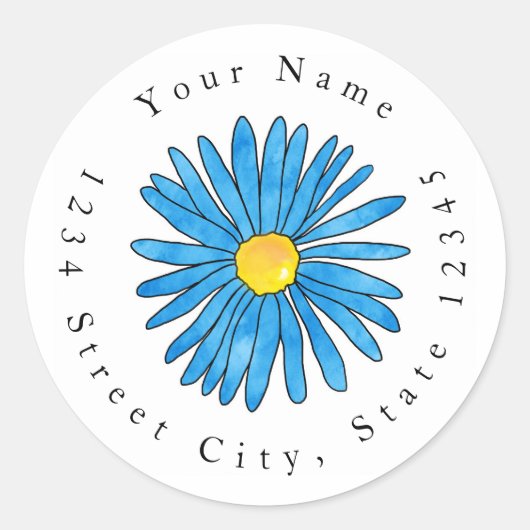 青いペンと水の色のアスター花ラベル ラウンドシール (正面)