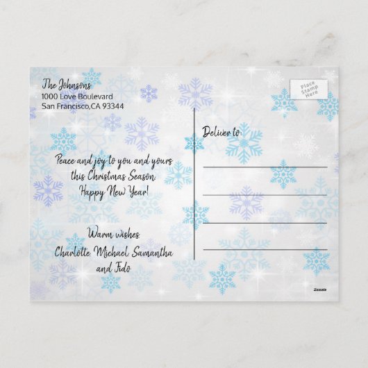 青いホイルのクリスマスの幸せな休日家族|の写真 シーズンポストカード (裏面)