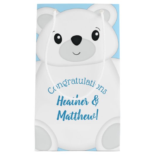 青いホッキョクグマの赤ちゃんシャワー スモールペーパーバッグ (正面)
