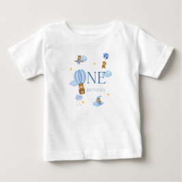 青いホットエアバルーンくまさん 1歳誕生日 赤ちゃんTシャツ ベビーTシャツ