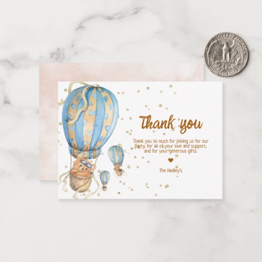 青いホットエアバルーンの感謝 ノートカード (正面/裏面インサイチュ)