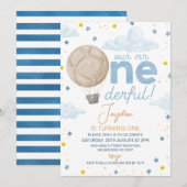 青いホットエアバルーン ミスター ワンダフル 1歳の誕生日 招待状 (正面/裏面)