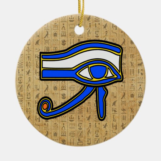 青いホルスの目と古代エジプトの象形文字のフリースケット セラミックオーナメント (正面)