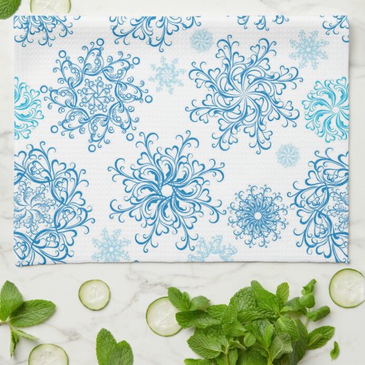 青いホワイトクリスマスの雪片の台所タオル キッチンタオル (折り畳み)