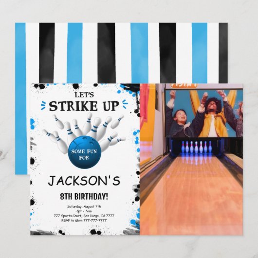青いボウリングの写真招待状 招待状 (正面/裏面)