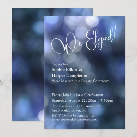 青いボケ光と「We Eloped」タイポグラフィ 招待状 (正面/裏面)