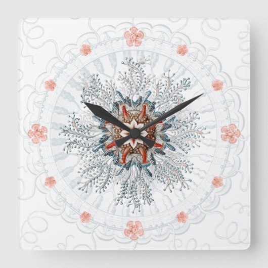 青いボタンクラゲと海の星ウォールクロック スクエア壁時計 (正面)