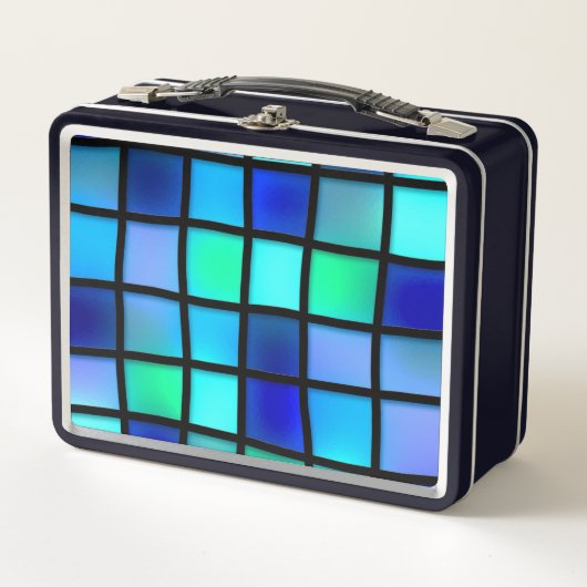 青いボックスパターン メタルランチボックス (正面)