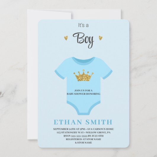 青いボディスーツを着た男の子の招待状 生まれたばかりの 招待状 (正面)