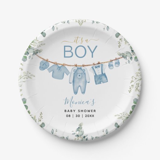 青いボホの服に緑の赤ちゃんシャワー ペーパープレート (正面)