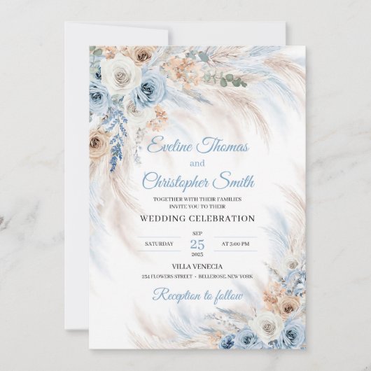 青いボホモダンの花バラパンパス熱帯性 招待状 (正面)