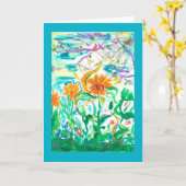 青いボーダーお洒落なメッセージカード カード (黄色い花)