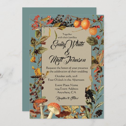 青いボーダー紅葉の結婚式招待状 招待状 (正面/裏面)