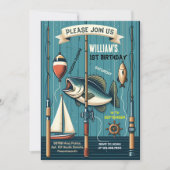青いボートかわいい男の子フィッシュ通常1日の誕生日 招待状 (正面)