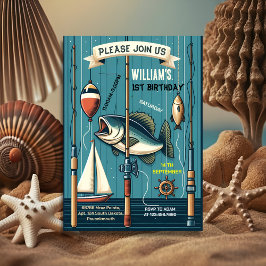 青いボートかわいい男の子フィッシュ通常1日の誕生日 招待状